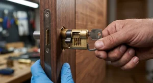 Manos de un profesional en el proceso de quitar un bombín de la cerradura de una puerta de madera.