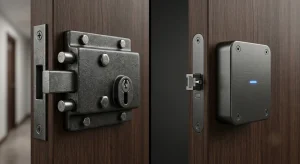 Comparativa visual entre una cerradura invisible electrónica con mando y un cerrojo FAC tradicional instalados en una puerta de seguridad.