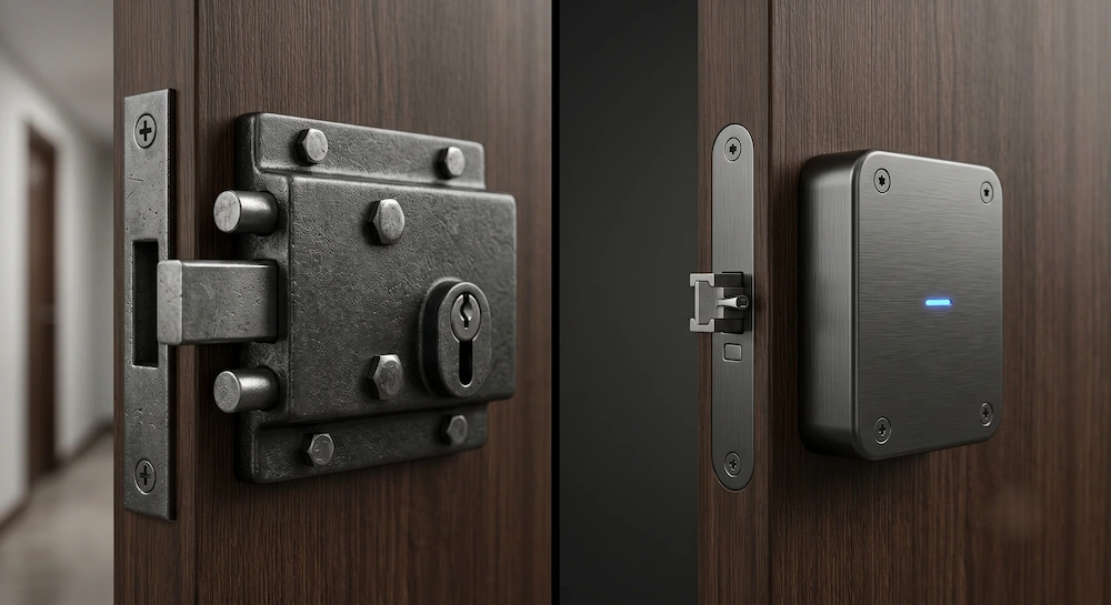 Comparativa visual entre una cerradura invisible electrónica con mando y un cerrojo FAC tradicional instalados en una puerta de seguridad.
