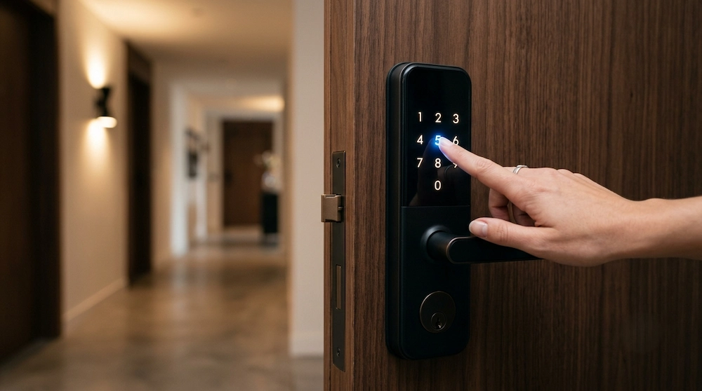 Primer plano de una cerradura inteligente electrónica con teclado táctil digital iluminado instalada en la puerta de un apartamento moderno.