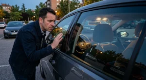 Conductor agobiado fuera de su coche mirando las llaves que se han quedado dentro sobre el asiento.