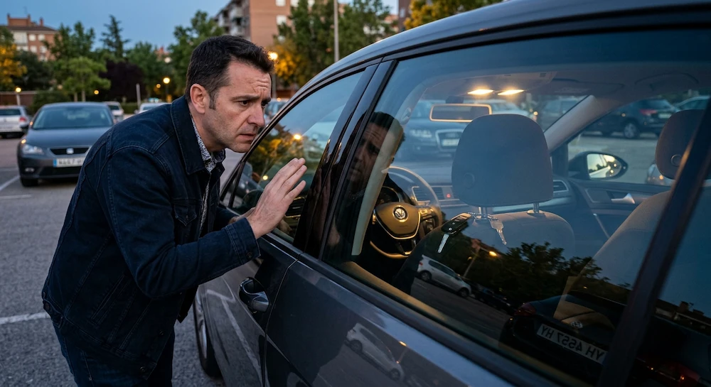 Conductor agobiado fuera de su coche mirando las llaves que se han quedado dentro sobre el asiento.
