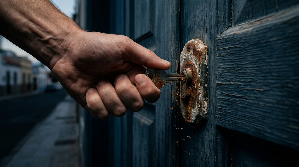 Primer plano cinematográfico de una mano luchando por girar una llave corroída por el salitre en una cerradura bloqueada de una vivienda en la costa canaria.