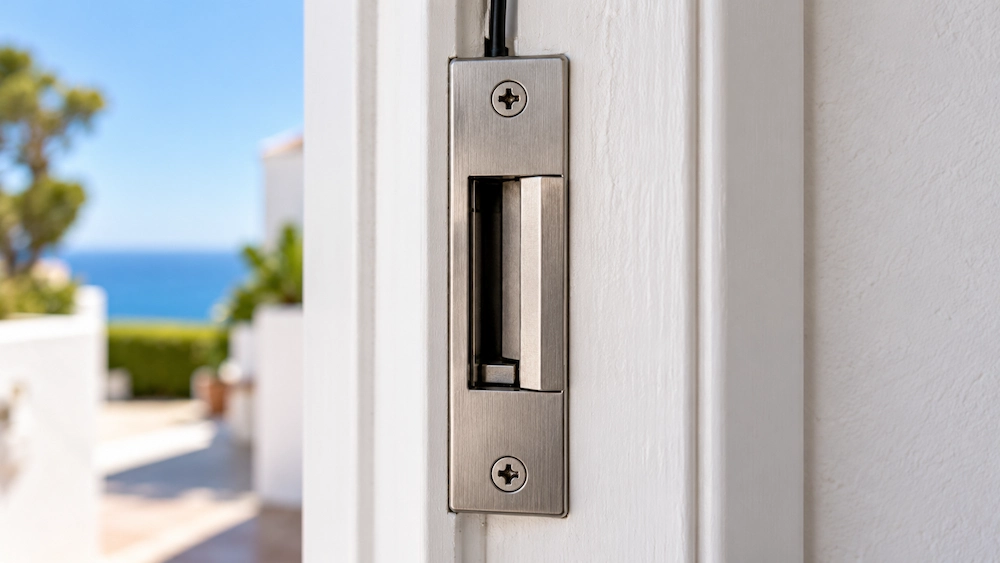 Abrepuertas eléctrico de acero inoxidable instalado en el marco de una puerta blanca