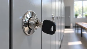 Cerradura de taquilla con llave en la puerta de una taquilla metálica de vestuario